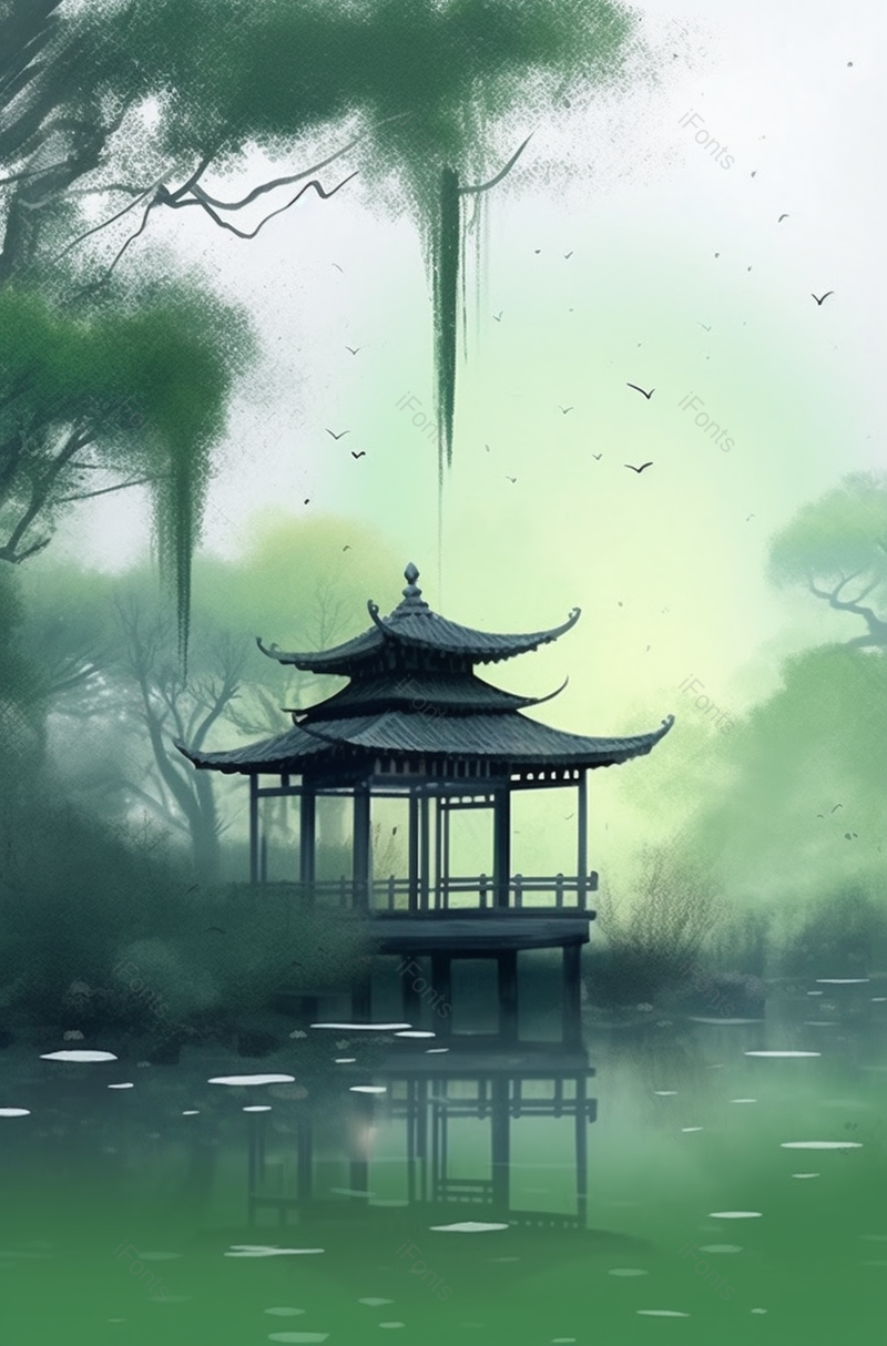 池塘旁边的亭台楼阁,插画/手绘图,插画/手绘图库,插画/手绘图下载,插画/手绘